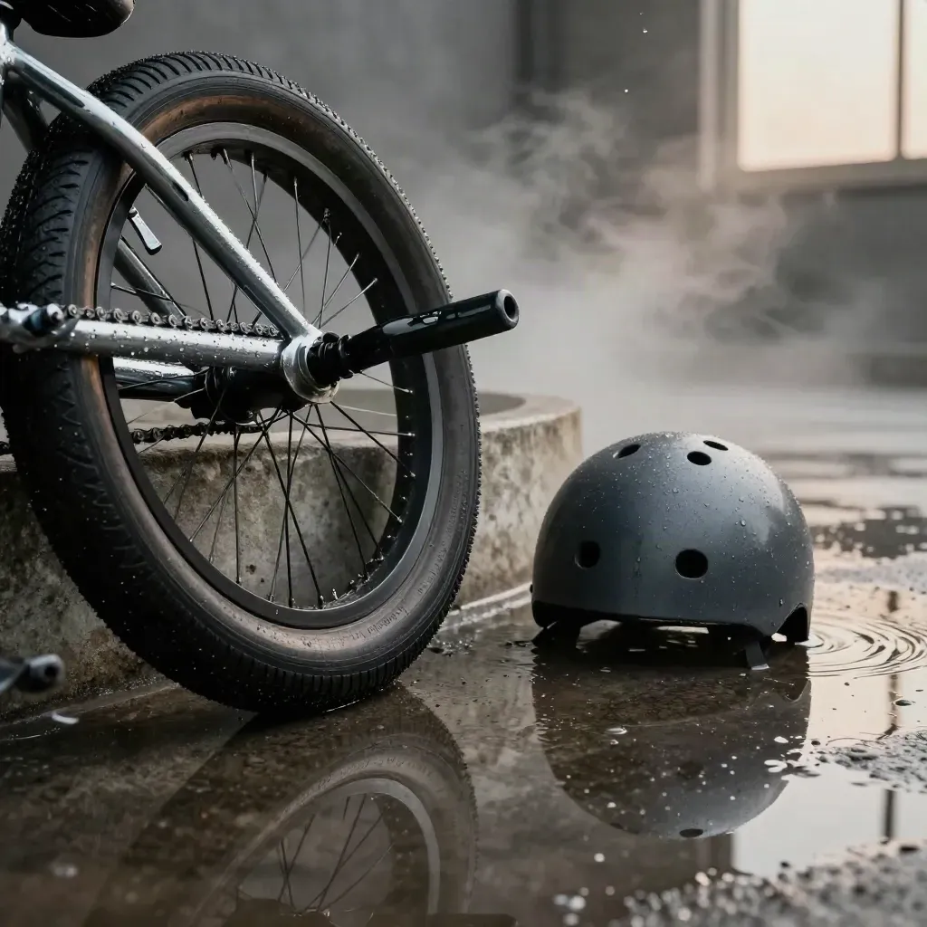 BMX de calle con casco arañado y cadena mojada en un bowl de hormigón.