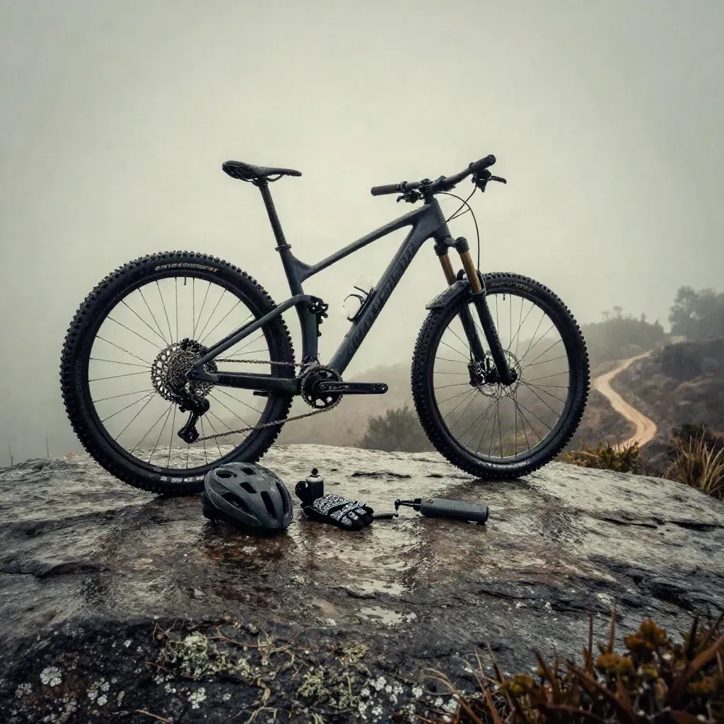 MTB negra sobre roca mojada con casco, guantes, bidón y bomba entre niebla