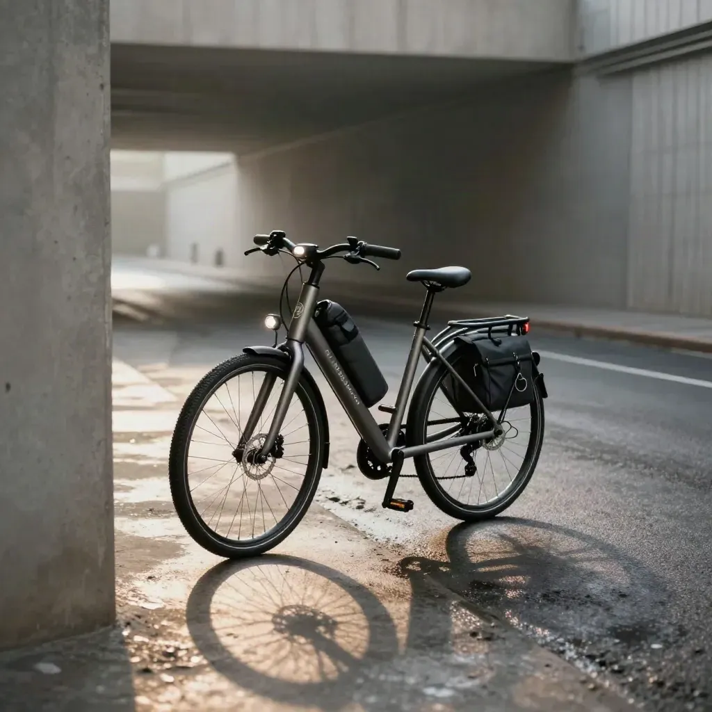Bici eléctrica urbana con luces, bolsa y candado plegado en un paso subterráneo húmedo.