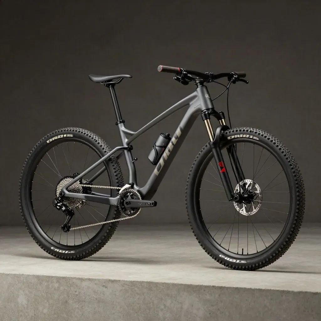 Bicicleta MTB gris grafito con bidón y bomba sobre fondo de estudio gris claro