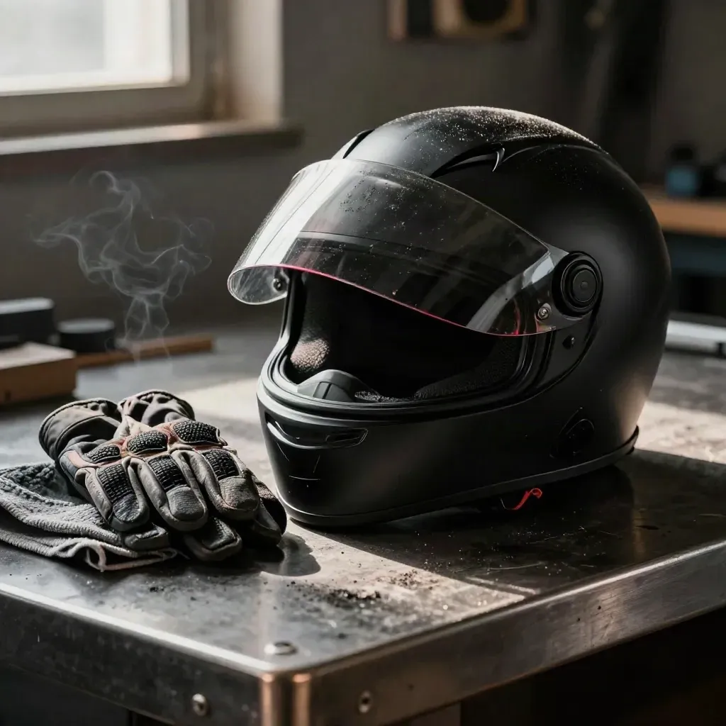 Casco integral negro brillante, visor levantado, visor extra, guantes y paño sobre banco oscuro.