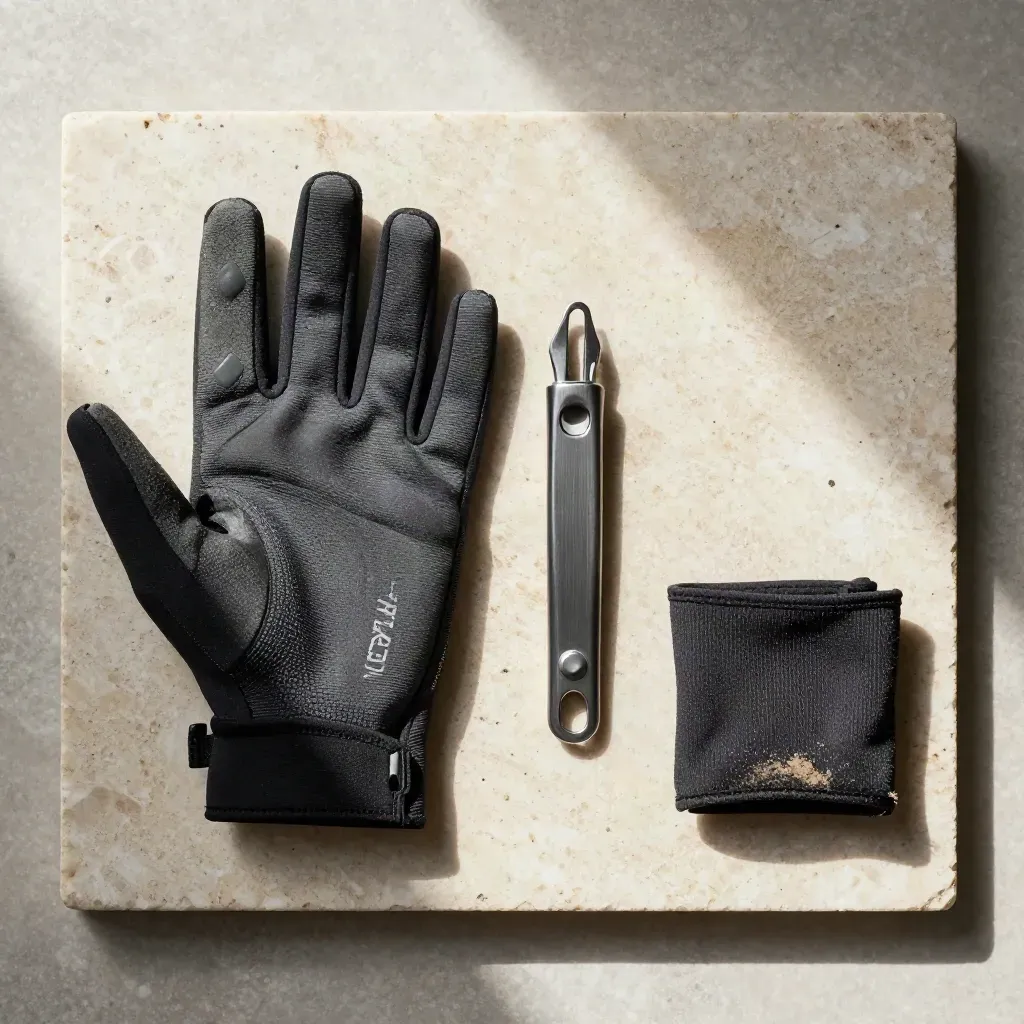 Guantes de ciclismo con herramienta corta sobre piedra travertino, vistos desde arriba.