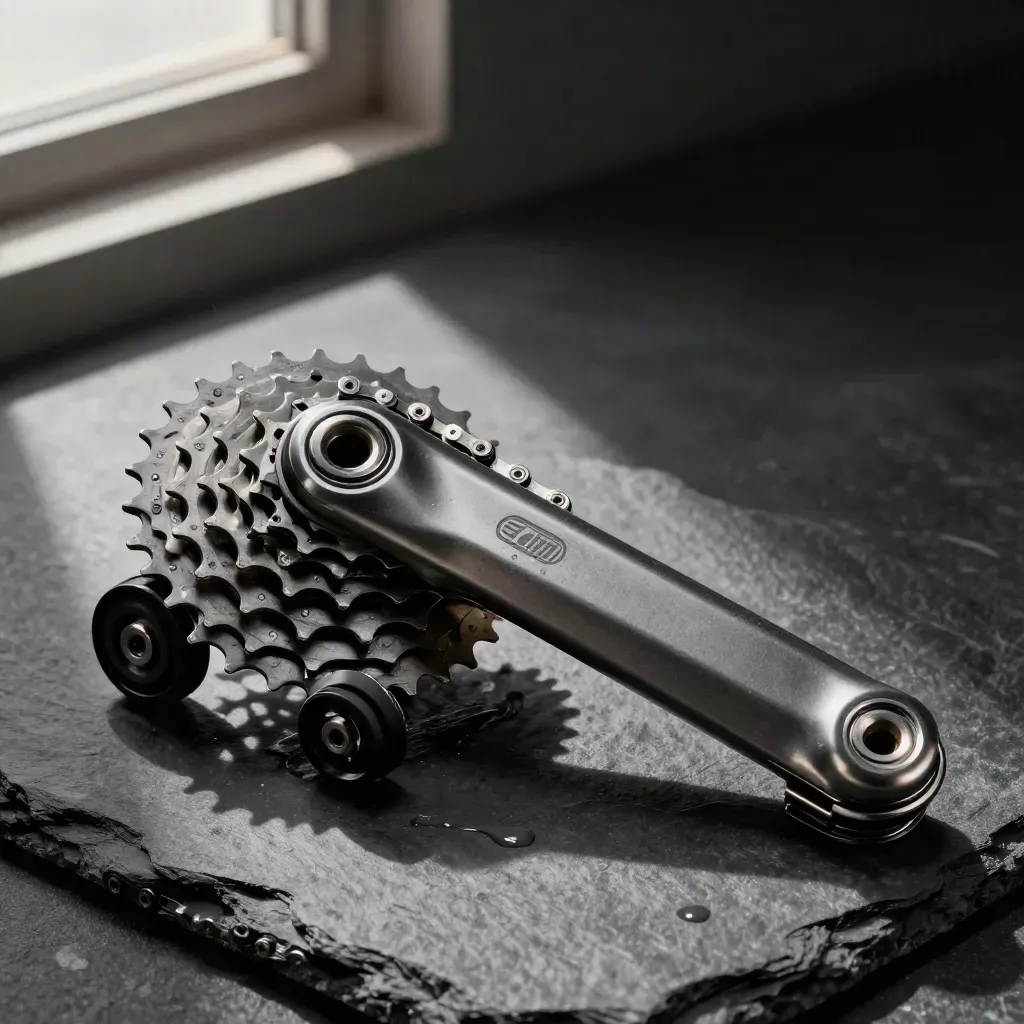 Kit de transmisión de bici sobre pizarra oscura, con cadena, cassette y roldanas en macro.