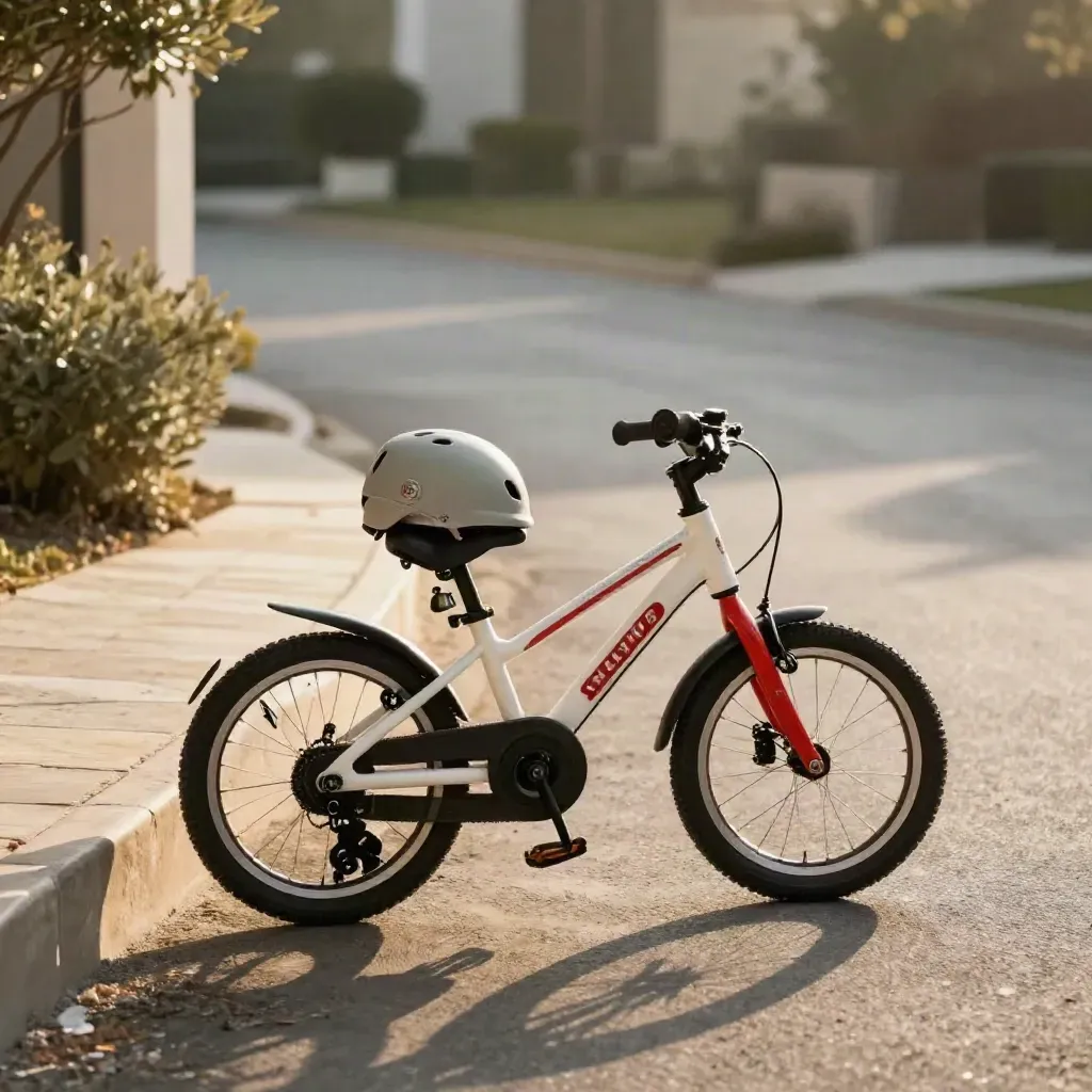 Bicicleta infantil blanca y roja junto a un bordillo claro con casco compacto y luz cálida.