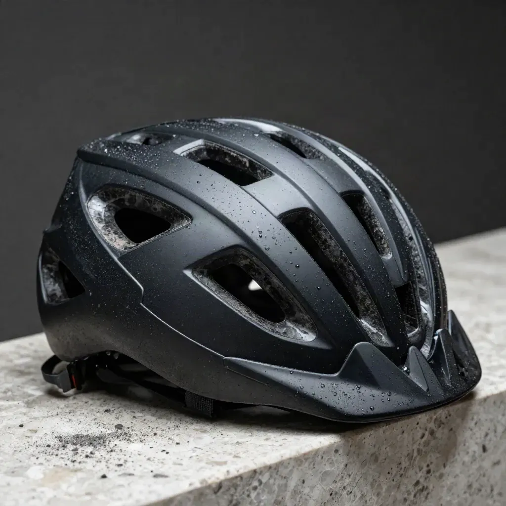Casco de trail negro mate con gotas de humedad y luz rasante sobre travertino.