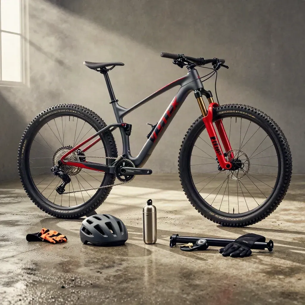 Bicicleta MTB, casco, guantes, bidón, bomba y bolsa sobre hormigón con luz dramática.