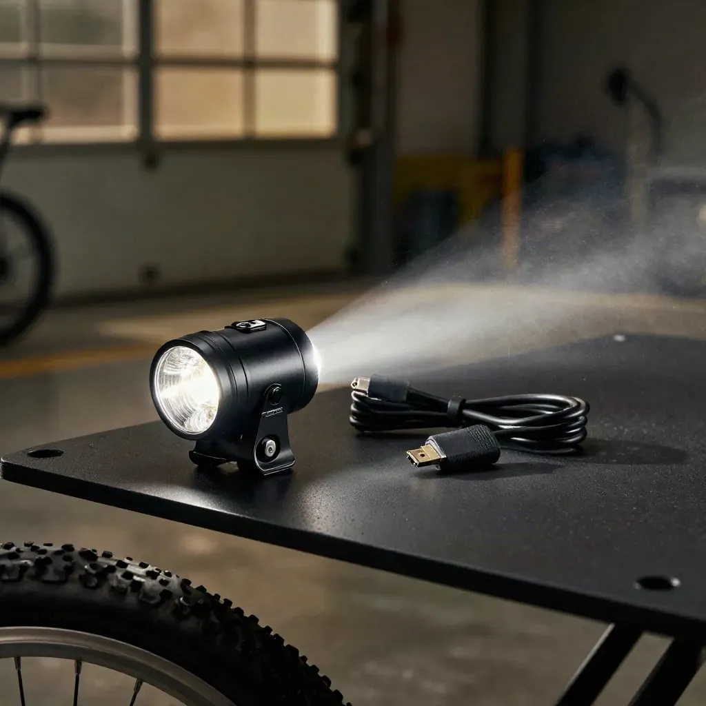 Luz delantera negra de bici encendida sobre fondo oscuro con cable USB