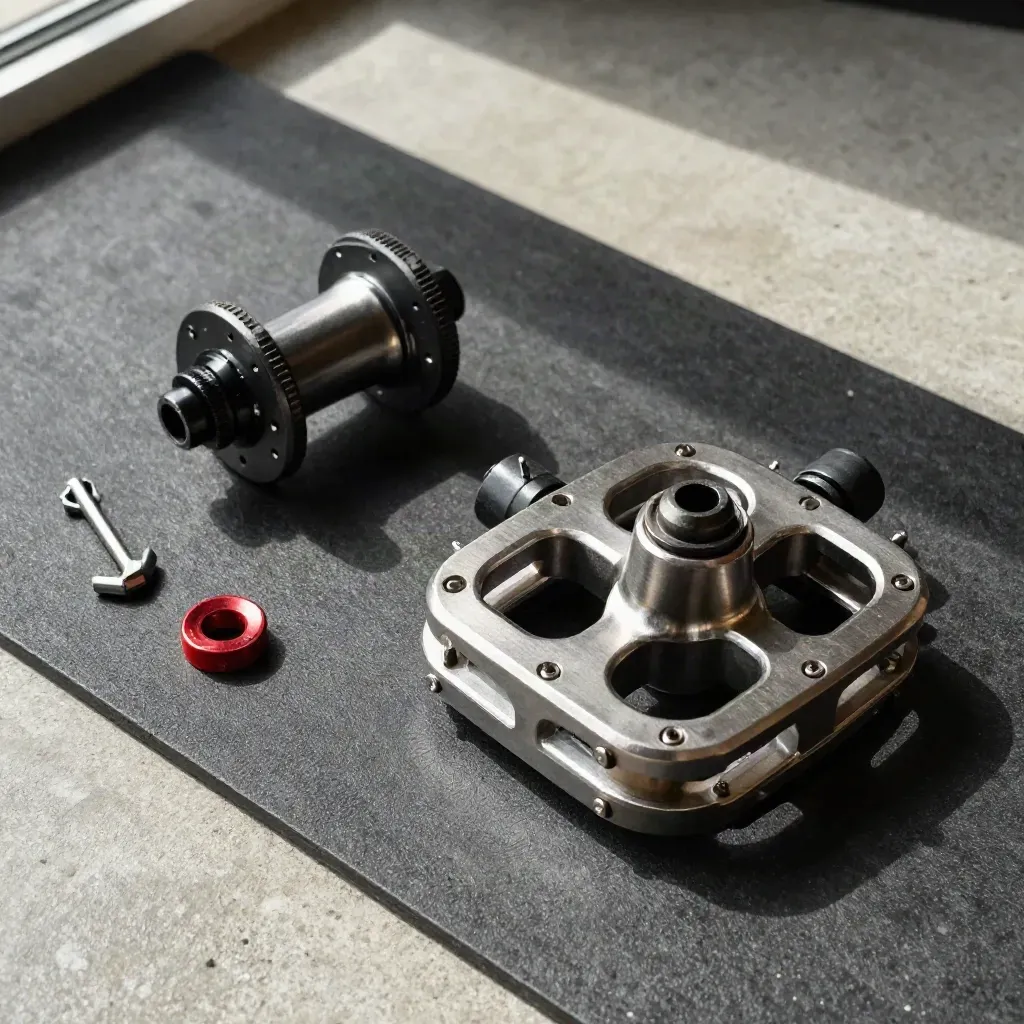 Pedales BMX de metal con llave hexagonal sobre una base oscura, vistos desde arriba.