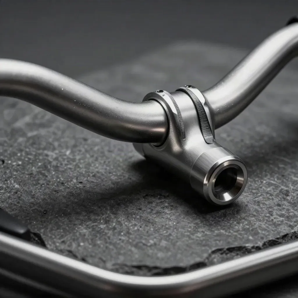 Manillar MTB de aluminio cepillado con tapas y cinta de puño sobre fondo grafito.