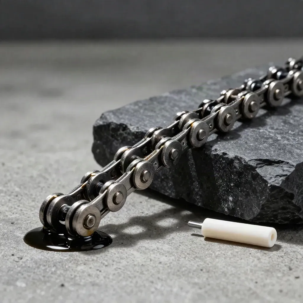 Cadena de bici en bucle sobre piedra oscura, con brillo aceitoso y fondo difuminado.