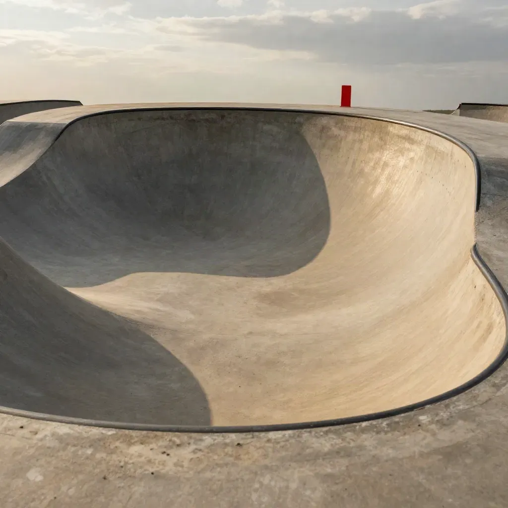 Bowl de BMX vacío con saltos de tierra y luz de tarde, vista amplia desde arriba.